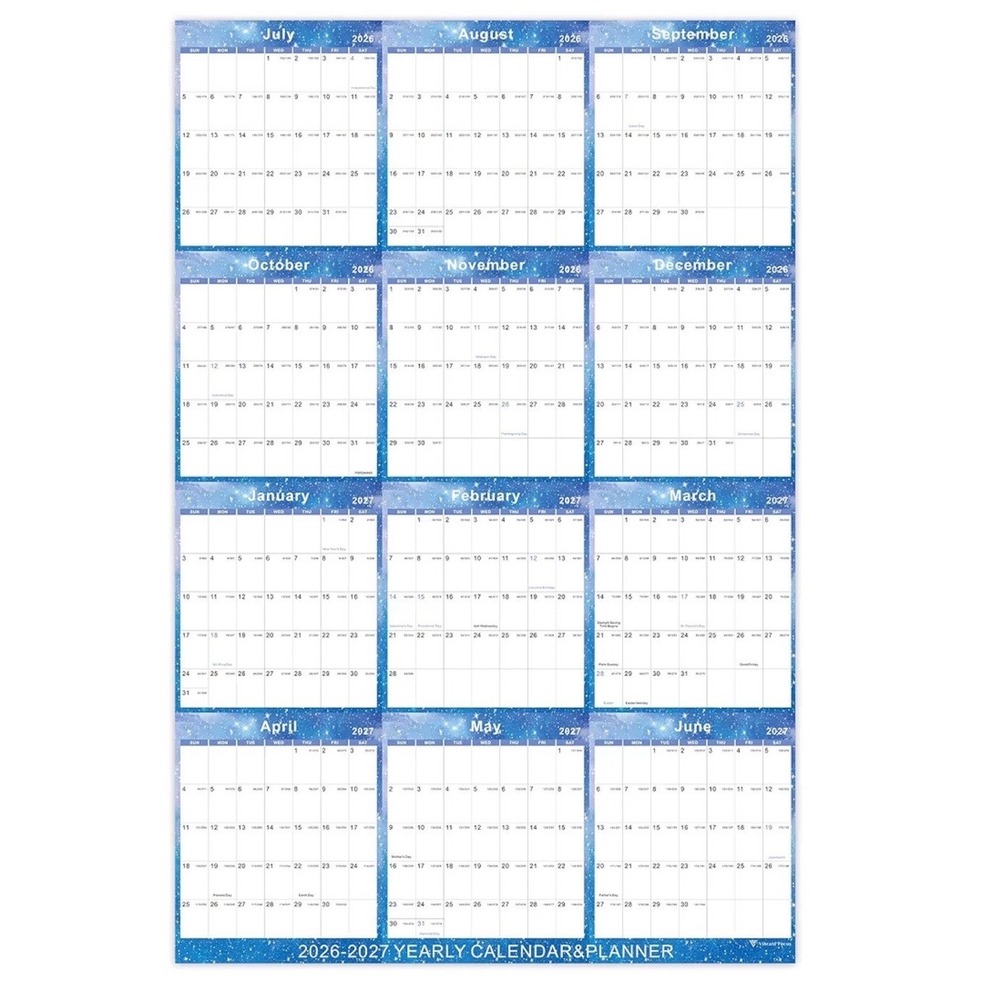 Vibrant Focus 2026-2027 Yearly Wall Calendar Planner Blue Star 34.7 x 22.8 XL